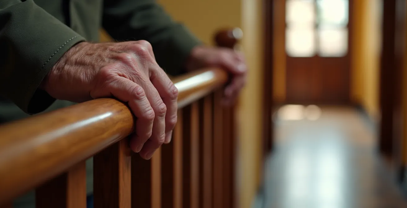 Axe Macro & Textural : Détail des mains d'un résident sur une rampe d'escalier en bois