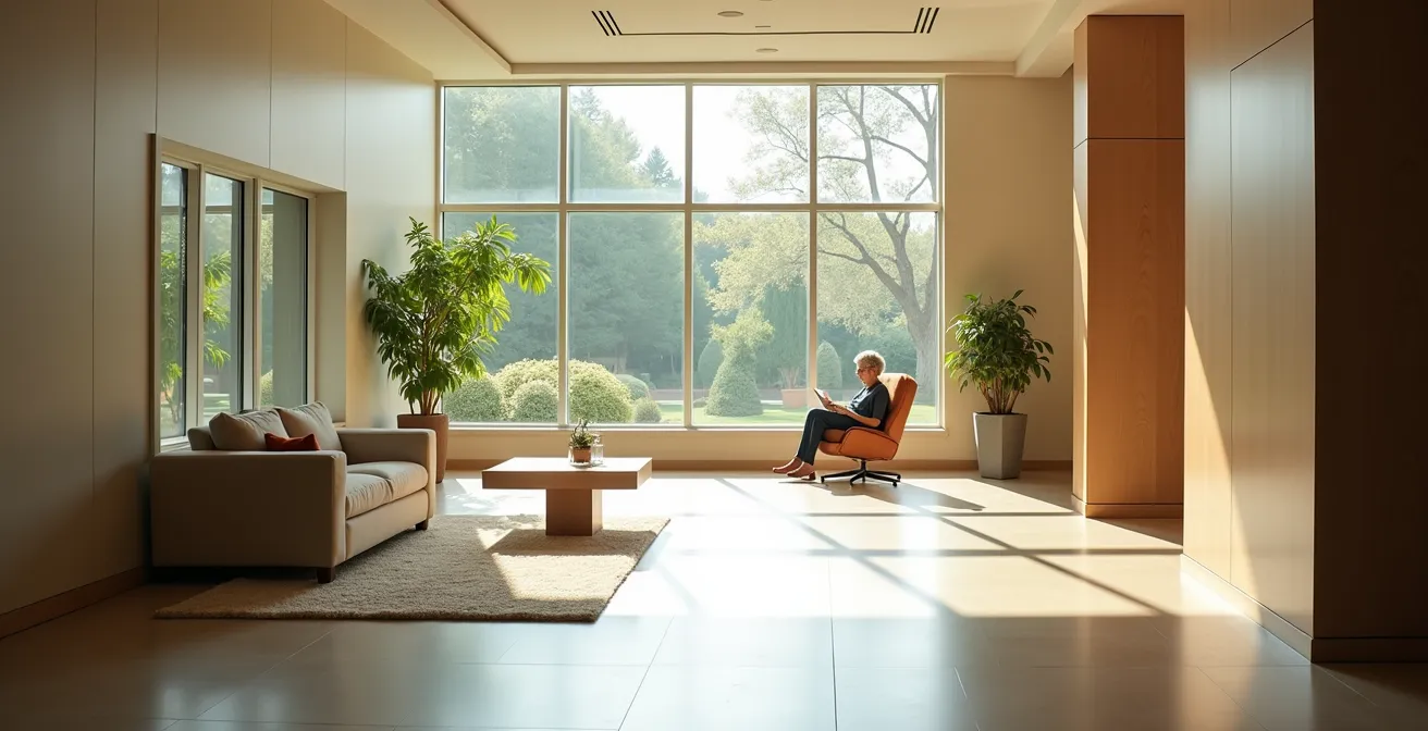 Axe Environnemental & Minimaliste : Vue large d'un espace commun lumineux en résidence senior