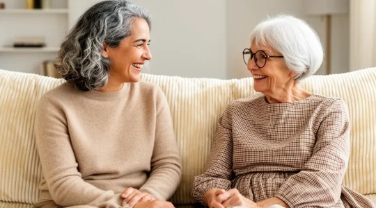 Femme quinquagénaire et sa mère âgée en conversation calme sur un canapé de salon français