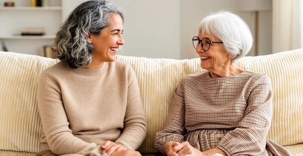 Femme quinquagénaire et sa mère âgée en conversation calme sur un canapé de salon français