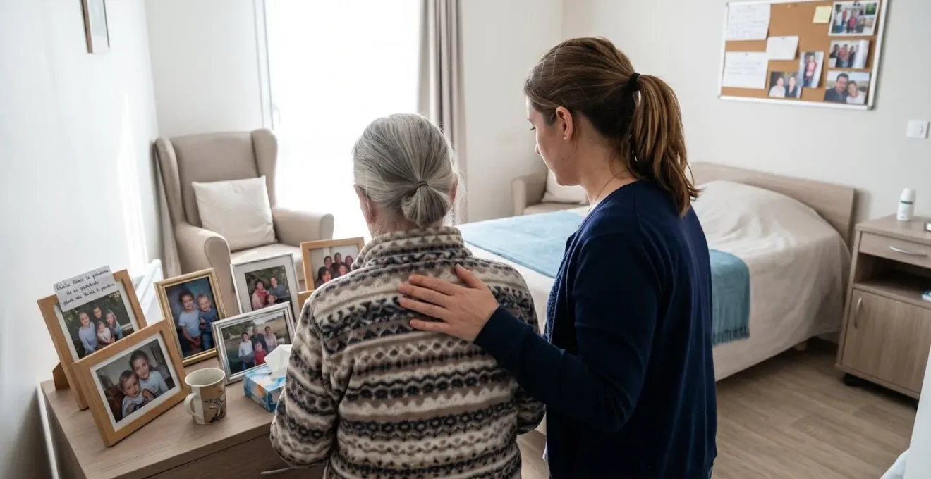 Une personne âgée et un proche vus de dos observent ensemble des cadres photo posés sur une commode dans une chambre lumineuse