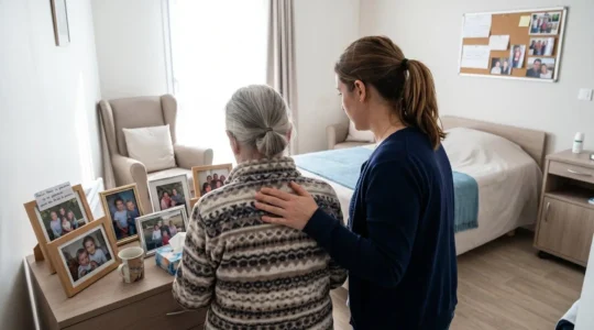 Une personne âgée et un proche vus de dos observent ensemble des cadres photo posés sur une commode dans une chambre lumineuse
