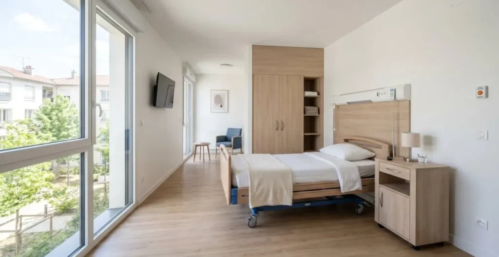 Une chambre d'EHPAD vide et lumineuse avec lit médicalisé, fauteuil et petite commode, baignée de lumière naturelle provenant d'une grande fenêtre Une chambre d'EHPAD vide et lumineuse avec lit médicalisé, fauteuil et petite commode, baignée de lumière naturelle provenant d'une grande fenêtre