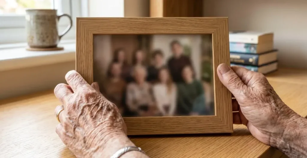 Des mains âgées tiennent délicatement une petite photographie de famille encadrée, posée sur une surface en bois clair Des mains âgées tiennent délicatement une petite photographie de famille encadrée, posée sur une surface en bois clair
