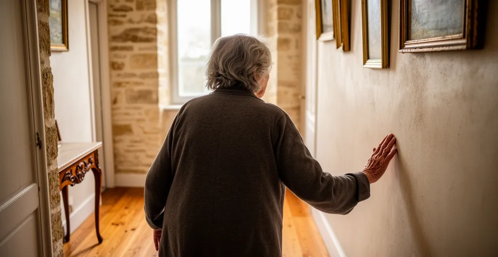 Personne âgée marchant avec précaution dans un couloir de maison, main sur le mur