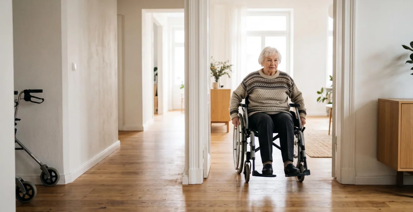 Senior en fauteuil roulant franchissant avec aisance le seuil d'une porte élargie dans un appartement lumineux et épuré