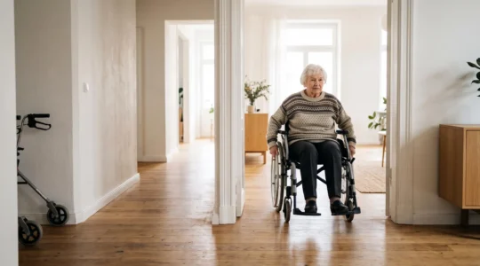 Senior en fauteuil roulant franchissant avec aisance le seuil d'une porte élargie dans un appartement lumineux et épuré