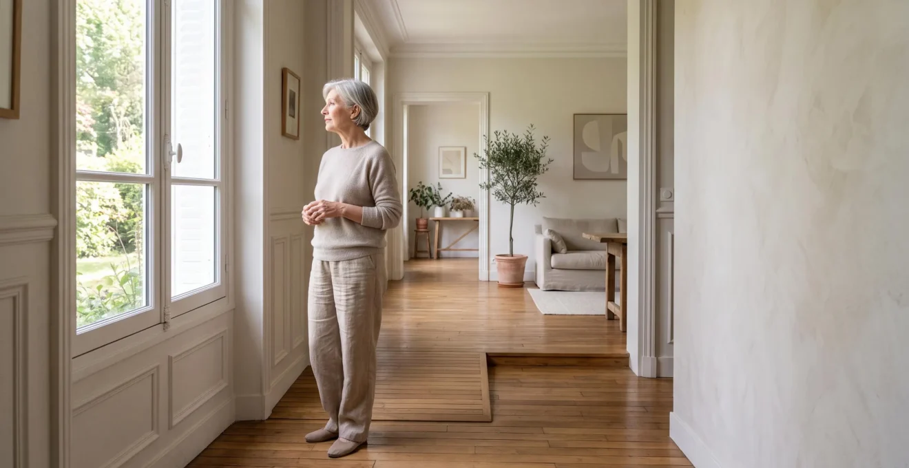 Intérieur lumineux et chaleureux d'une maison familiale française en cours d'aménagement doux pour senior, sans travaux lourds visibles