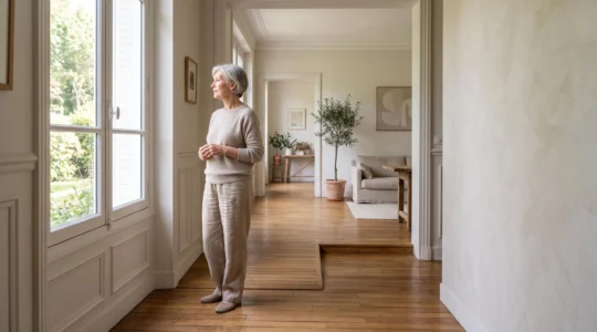 Intérieur lumineux et chaleureux d'une maison familiale française en cours d'aménagement doux pour senior, sans travaux lourds visibles