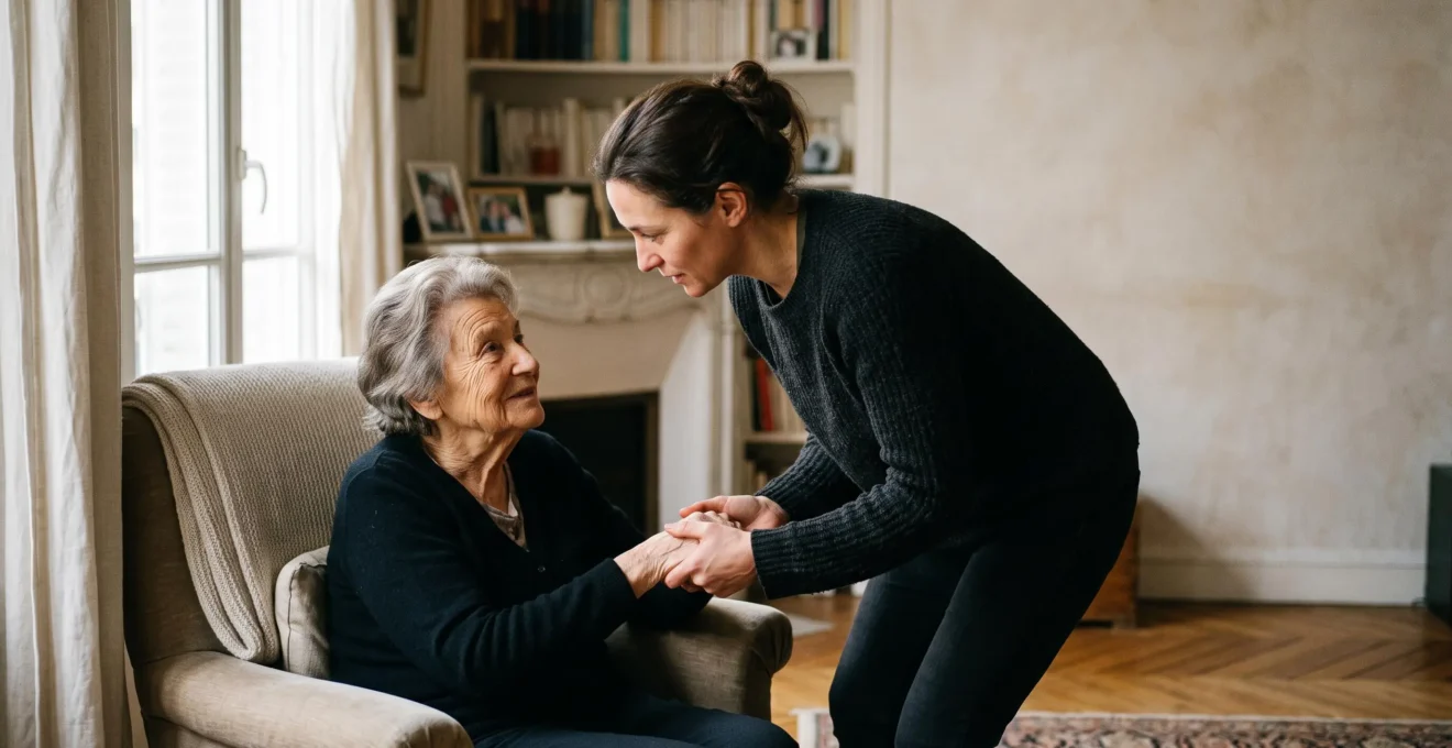 Une auxiliaire de vie accompagnant avec douceur une personne âgée dans son salon lumineux, symbole de confiance et de compétence.
