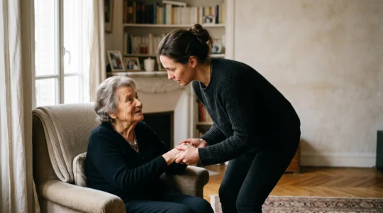 Une auxiliaire de vie accompagnant avec douceur une personne âgée dans son salon lumineux, symbole de confiance et de compétence.
