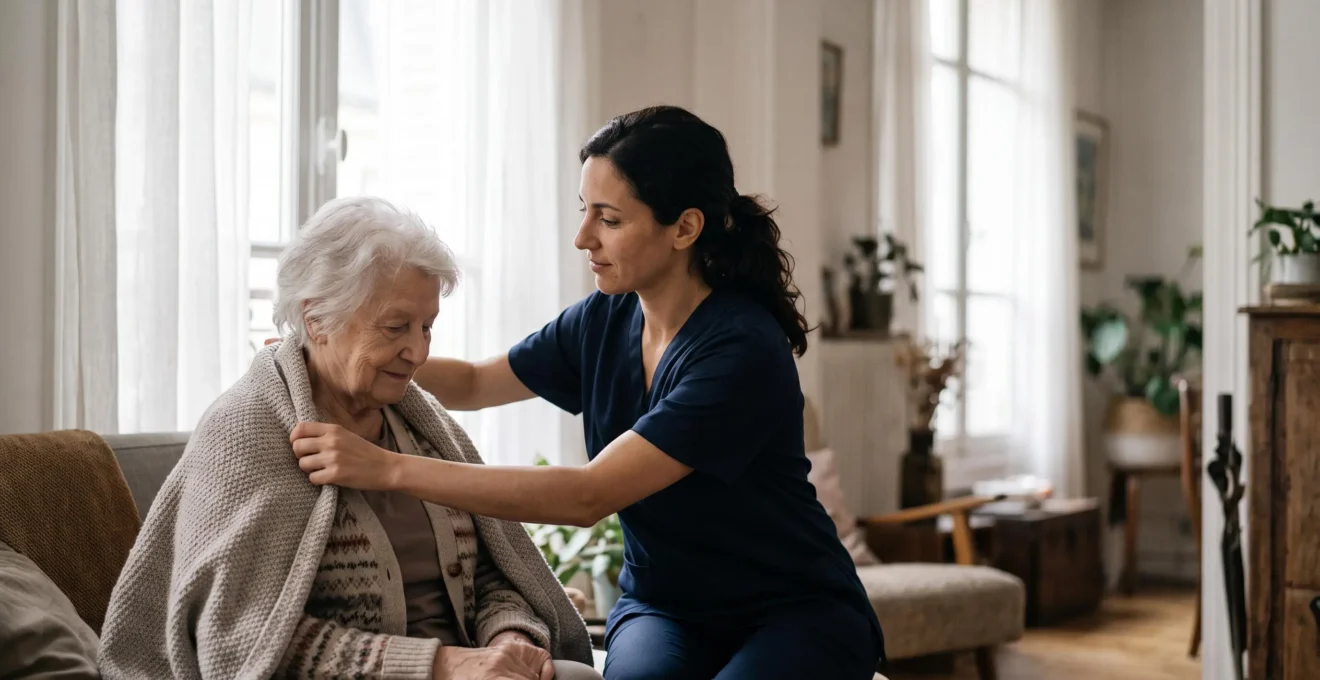 Une auxiliaire de vie accompagnant avec délicatesse une personne âgée dans son salon, dans une ambiance de confiance et de respect de la vie privée
