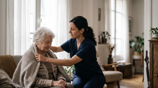 Une auxiliaire de vie accompagnant avec délicatesse une personne âgée dans son salon, dans une ambiance de confiance et de respect de la vie privée