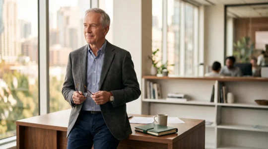 Senior actif souriant en tenue professionnelle, symbolisant l'équilibre entre retraite et activité rémunérée