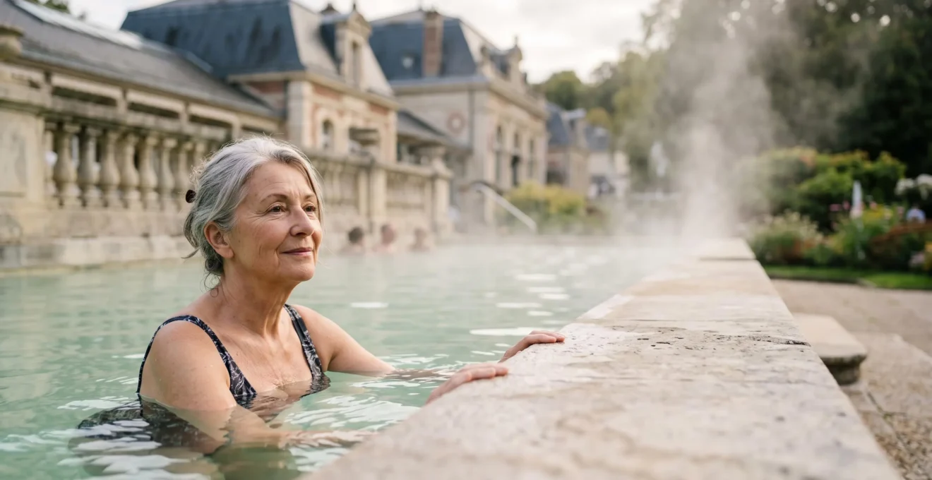 Senior savourant un soin en piscine thermale extérieure, illustrant le parcours de remboursement d'une cure thermale par la Sécurité sociale