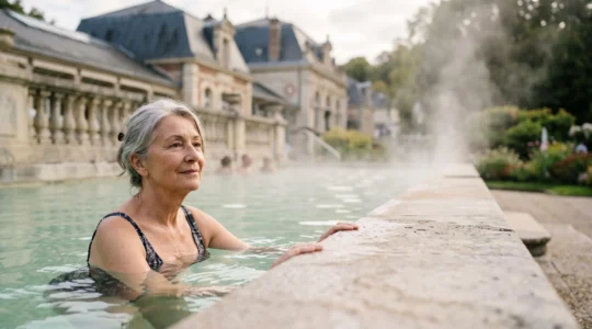 Senior savourant un soin en piscine thermale extérieure, illustrant le parcours de remboursement d'une cure thermale par la Sécurité sociale