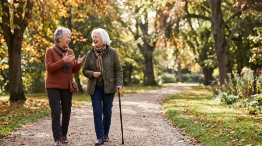 Deux seniors souriants partageant un moment de complicité autour d'une activité de loisir en extérieur