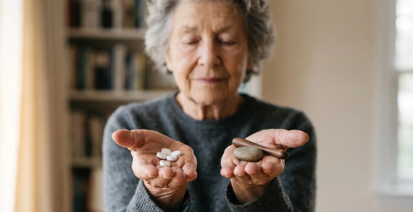 Portrait symbolique d'un senior en equilibre entre son traitement medical conventionnel et les medecines complementaires