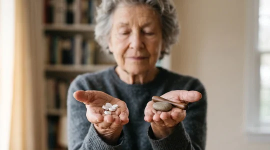 Portrait symbolique d'un senior en equilibre entre son traitement medical conventionnel et les medecines complementaires