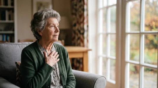 Une personne âgée assise seule près d'une fenêtre, regard apaisé, symbolisant la résilience face au deuil et à l'isolement