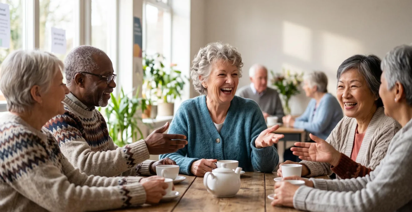 Personne senior souriante integree naturellement dans un petit groupe convivial lors d'une activite de club, sans se sentir jugee
