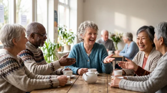 Personne senior souriante integree naturellement dans un petit groupe convivial lors d'une activite de club, sans se sentir jugee