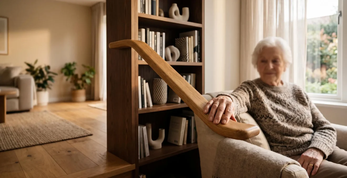 Interieur de maison chaleureux et securise adapte aux seniors, alliant esthetique et prevention des chutes