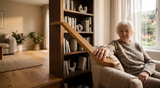 Interieur de maison chaleureux et securise adapte aux seniors, alliant esthetique et prevention des chutes