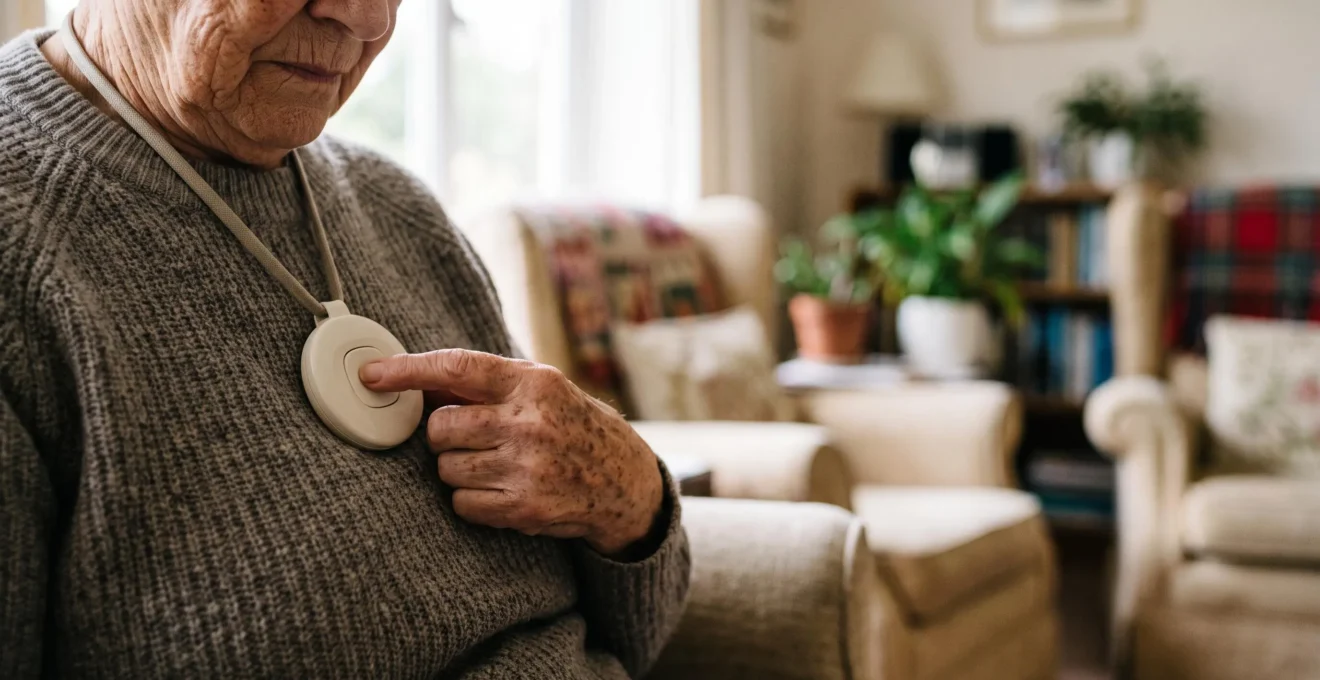 Gros plan sur la main d'une personne âgée appuyant sur le bouton d'un médaillon de téléassistance, symbole de sécurité en cas d'urgence