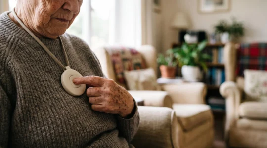 Gros plan sur la main d'une personne âgée appuyant sur le bouton d'un médaillon de téléassistance, symbole de sécurité en cas d'urgence