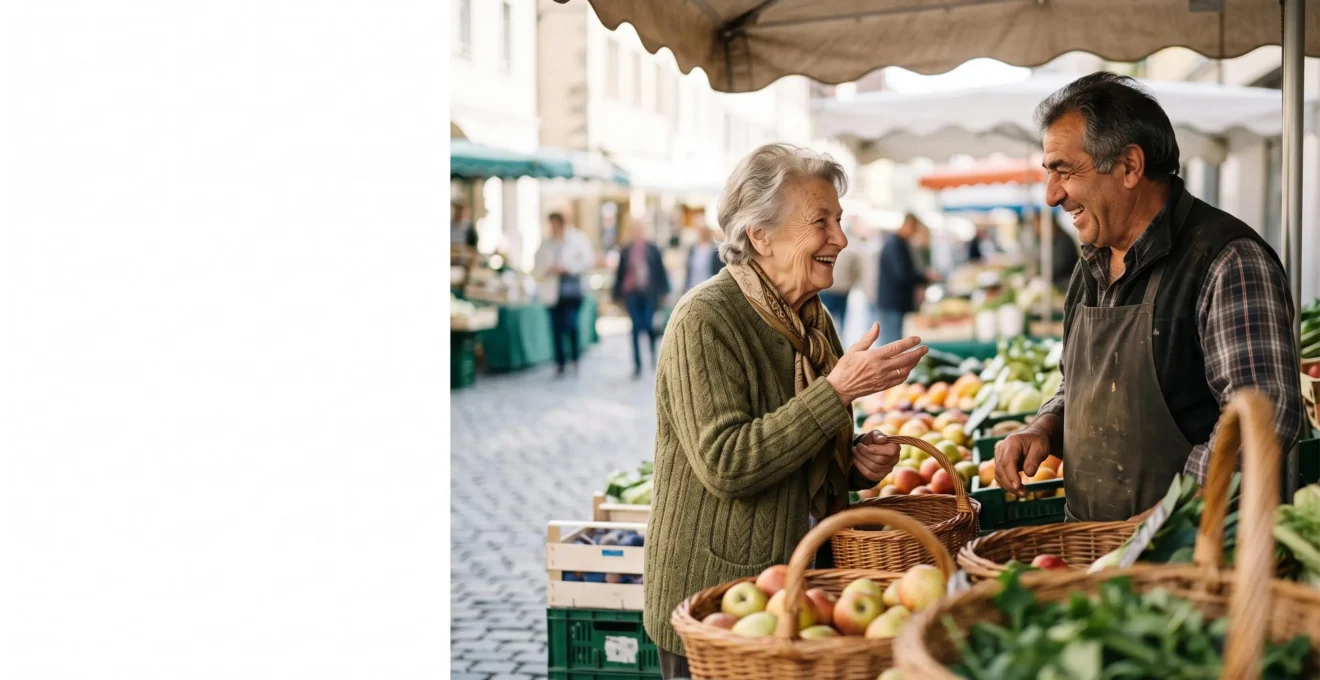 Une personne âgée souriante échangeant un moment chaleureux avec un commerçant sur un marché de quartier, illustrant les petites interactions sociales du quotidien.