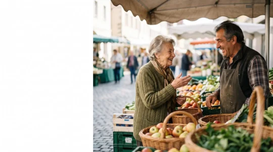 Une personne âgée souriante échangeant un moment chaleureux avec un commerçant sur un marché de quartier, illustrant les petites interactions sociales du quotidien.