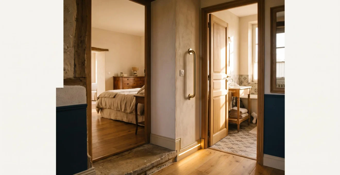 Interieur chaleureux d'un couloir de maison francaise menant vers une salle de bain adaptee, symbolisant les priorites de travaux pour un senior avec un budget limite