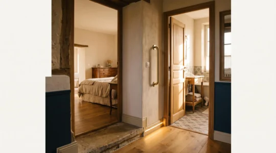 Interieur chaleureux d'un couloir de maison francaise menant vers une salle de bain adaptee, symbolisant les priorites de travaux pour un senior avec un budget limite