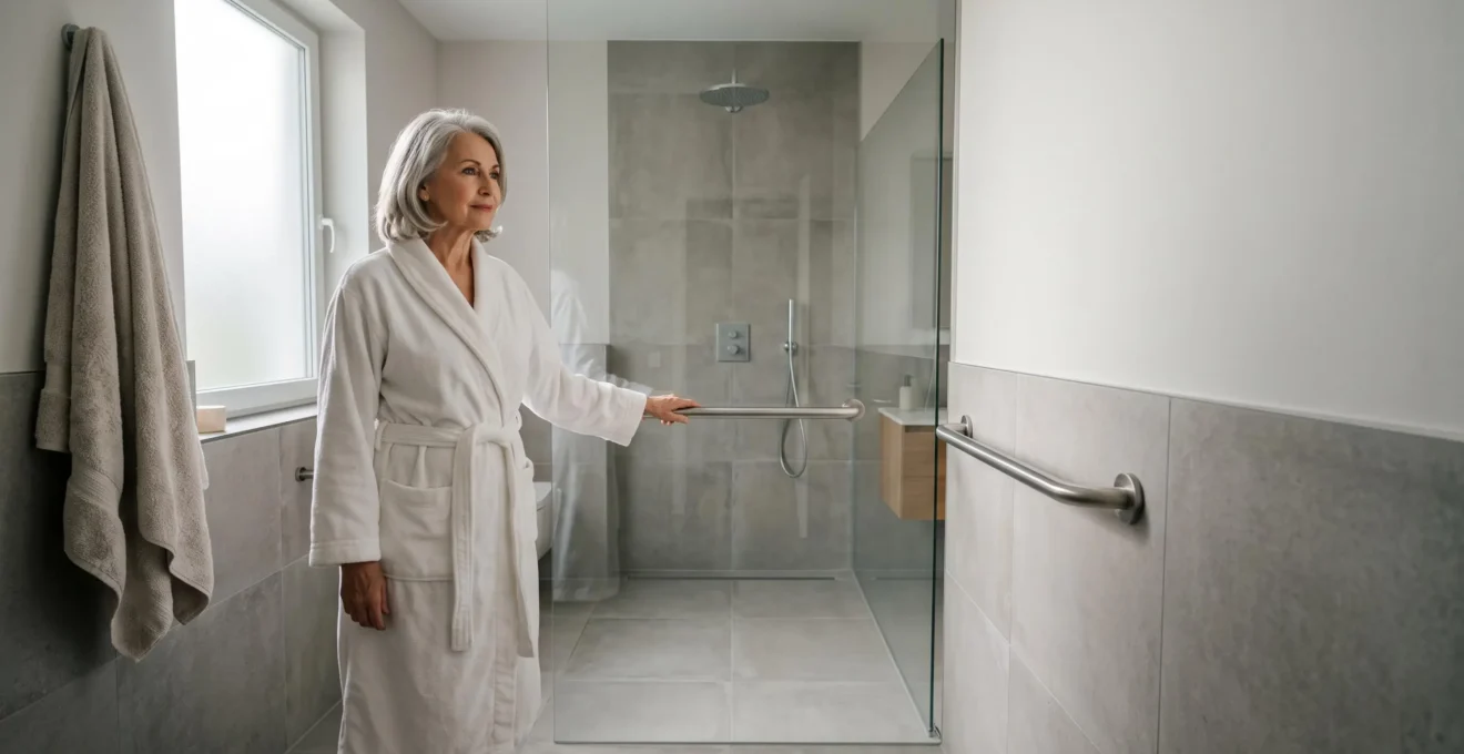 Salle de bain épurée avec douche à l'italienne adaptée à une personne âgée, lumière naturelle et espace dégagé