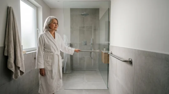 Salle de bain épurée avec douche à l'italienne adaptée à une personne âgée, lumière naturelle et espace dégagé