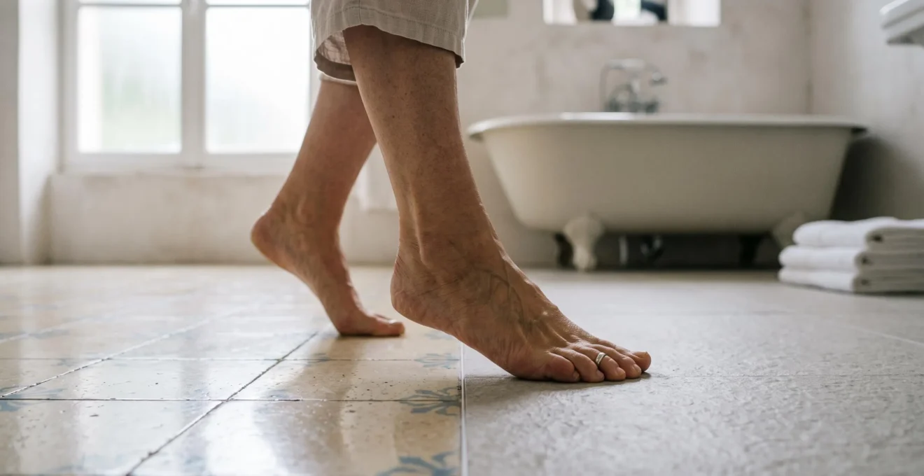 Senior posant le pied en toute confiance sur un nouveau sol de salle de bain antidérapant, symbole de sécurité retrouvée