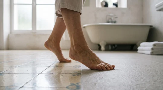 Senior posant le pied en toute confiance sur un nouveau sol de salle de bain antidérapant, symbole de sécurité retrouvée