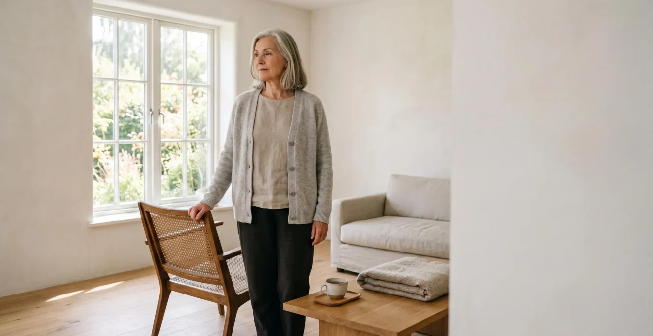 Personne senior organisant sereinement ses tâches quotidiennes dans un intérieur lumineux et épuré