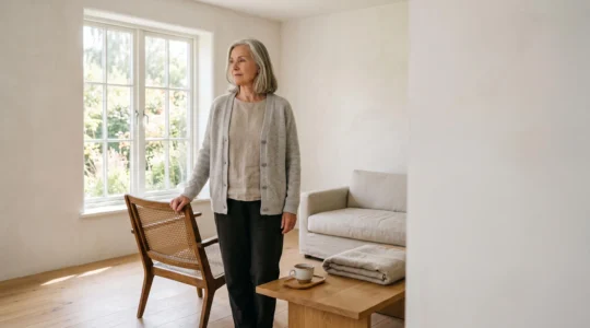 Personne senior organisant sereinement ses tâches quotidiennes dans un intérieur lumineux et épuré