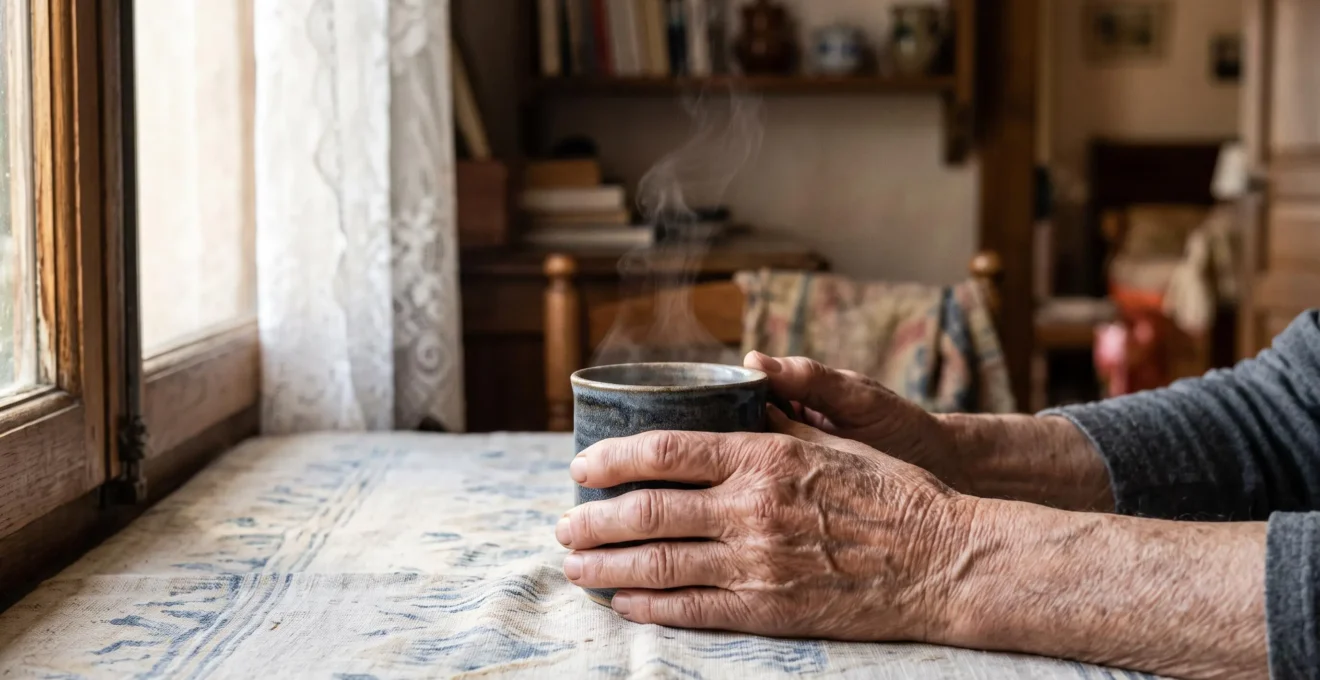 Mains ridées tenant une tasse de café chaude près d'une fenêtre baignée de lumière du matin, symbole de continuité et de routine