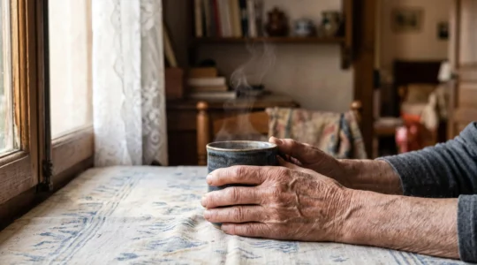 Mains ridées tenant une tasse de café chaude près d'une fenêtre baignée de lumière du matin, symbole de continuité et de routine