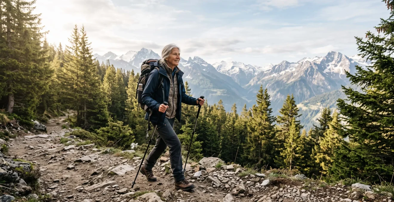 Femme senior pratiquant un exercice d'équilibre en extérieur au lever du soleil, illustrant une activité physique sûre après 65 ans