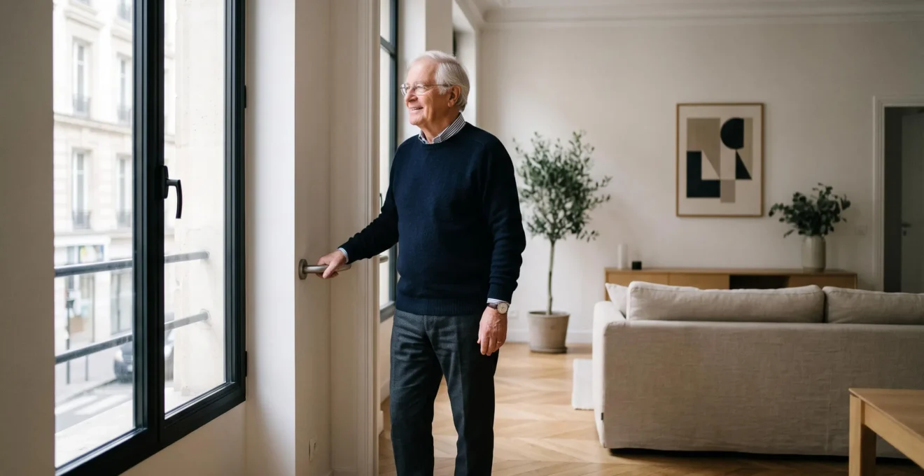 Personne agee souriante et autonome dans un salon lumineux et securise, symbole de prevention des accidents domestiques