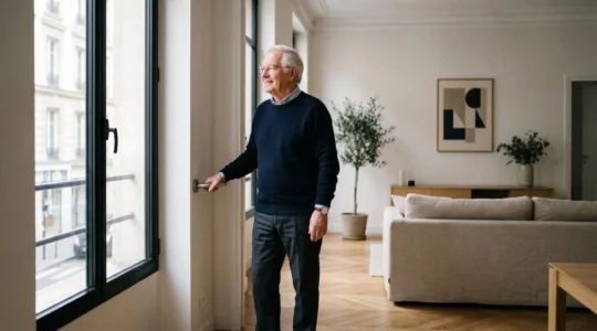 Personne agee souriante et autonome dans un salon lumineux et securise, symbole de prevention des accidents domestiques