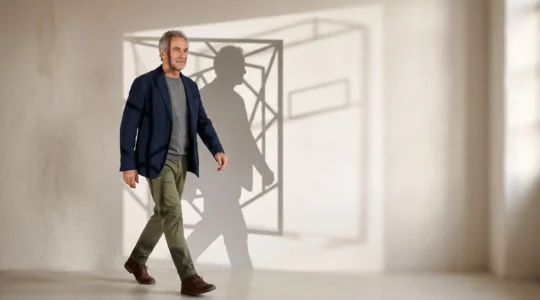 Portrait symbolique d'une personne âgée sortant d'un cadre abstrait, illustrant le dépassement des étiquettes liées à l'âge
