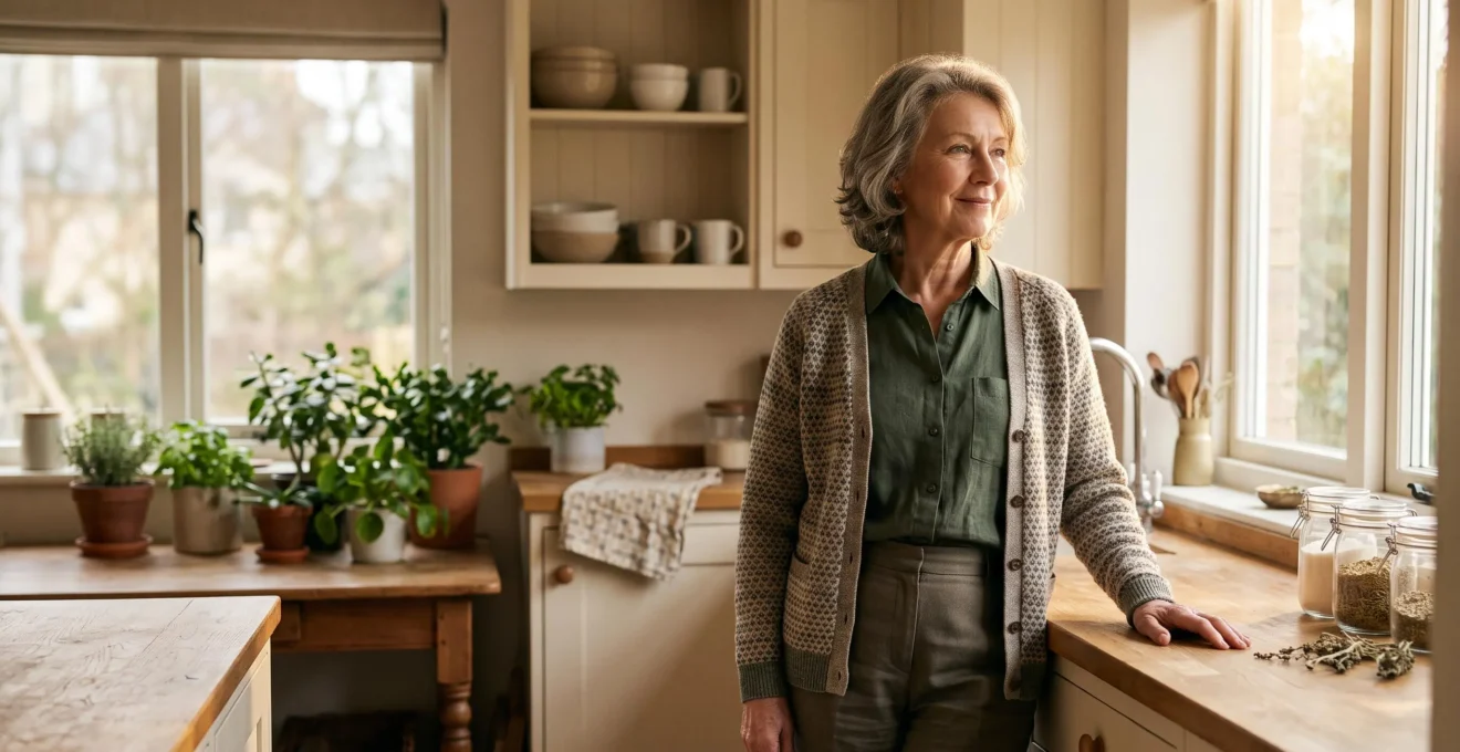 Une femme senior souriante prepare son petit-dejeuner seule dans sa cuisine baignee de lumiere naturelle, symbole d'autonomie preservee a domicile