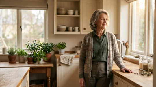 Une femme senior souriante prepare son petit-dejeuner seule dans sa cuisine baignee de lumiere naturelle, symbole d'autonomie preservee a domicile