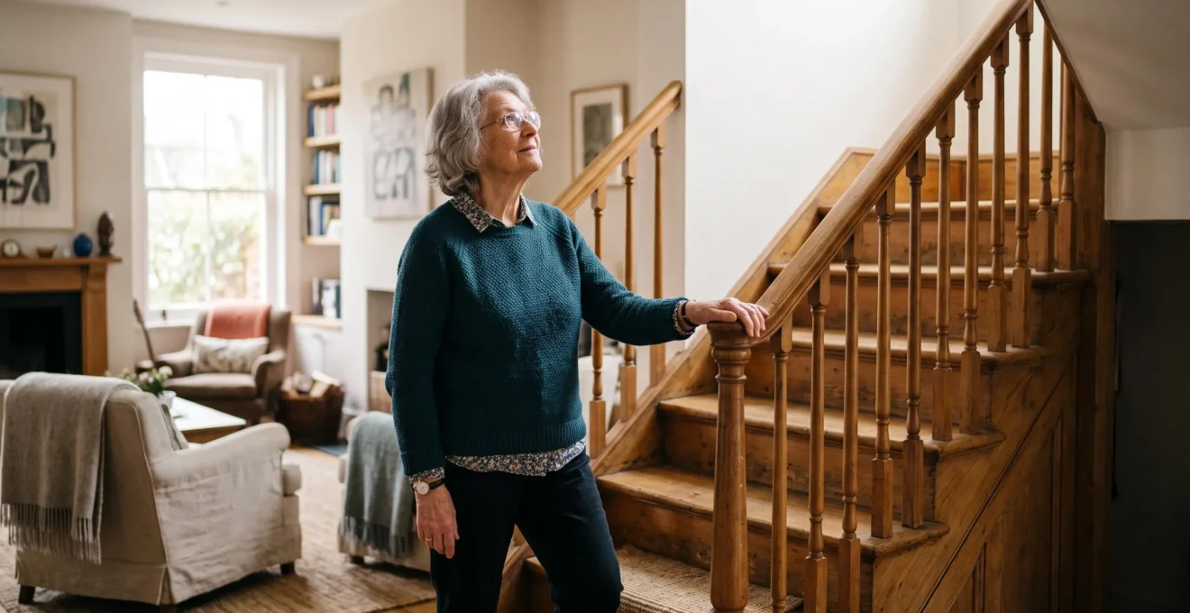 Personne âgée souriante se tenant au pied de son escalier dans un salon lumineux, symbole du maintien à domicile