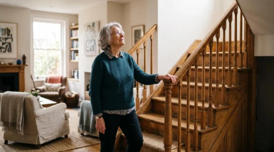 Personne âgée souriante se tenant au pied de son escalier dans un salon lumineux, symbole du maintien à domicile